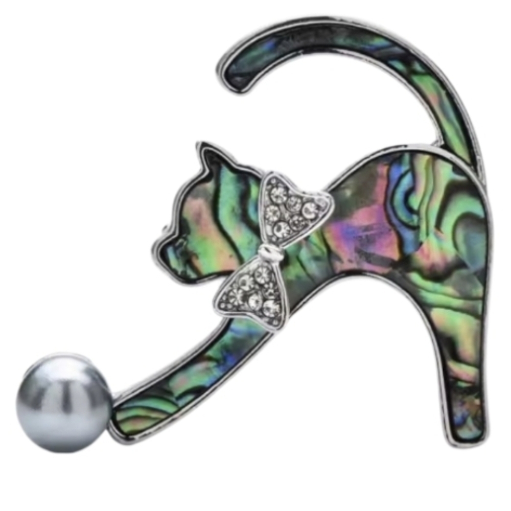 NWOT Anthropologie Playful Kitten Abalone Shell Faux Grey Pearl Brooch Pin